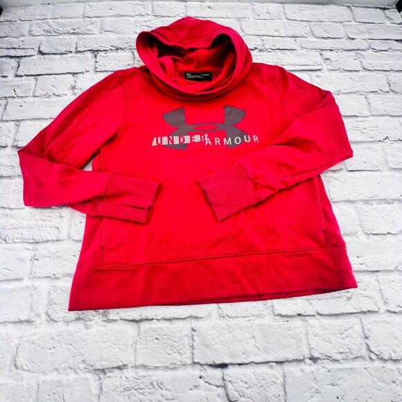 Under Armour Loose Pullover Hoodie Sweatshirt Medium Pink Logo Long Sleeve - Picture 2 of 8